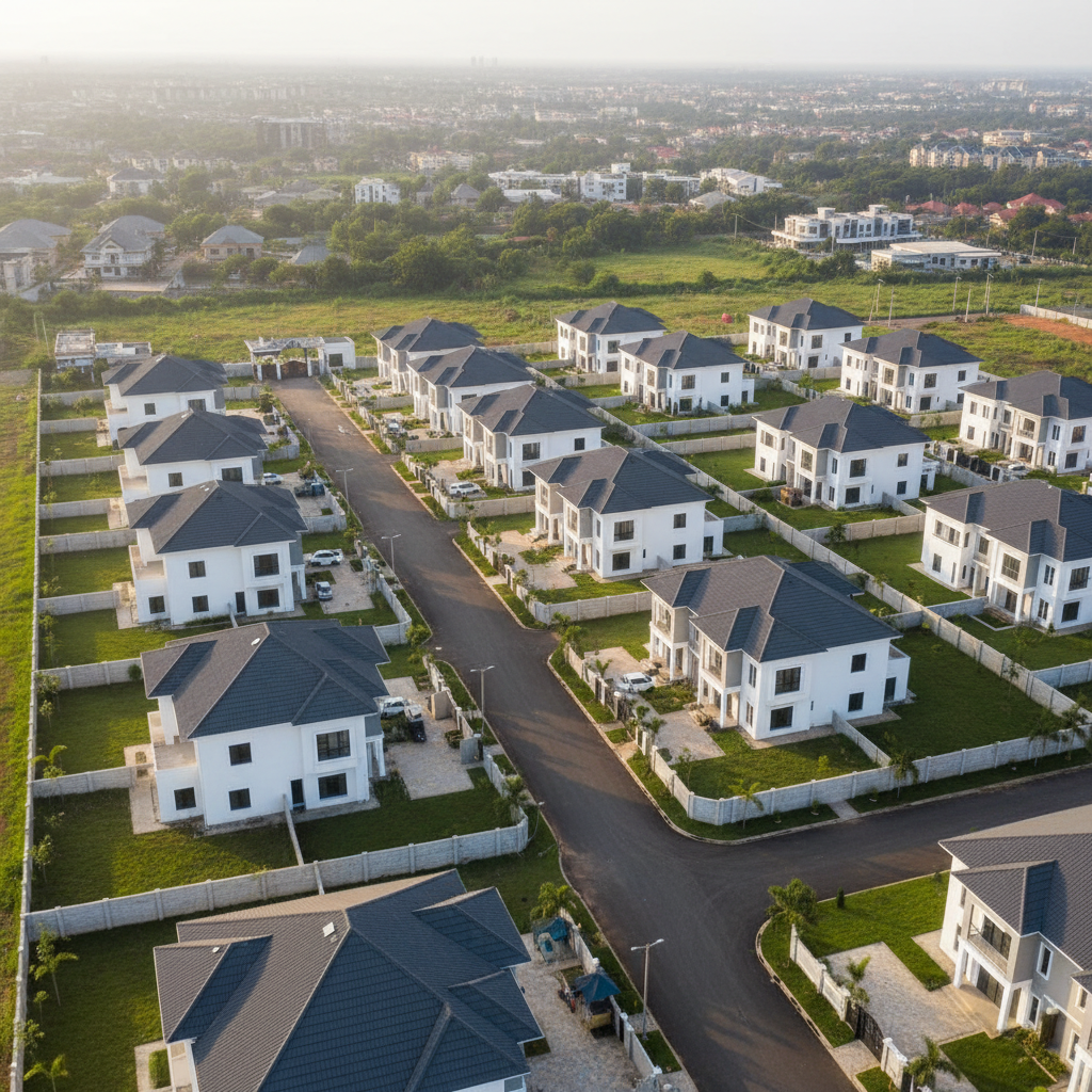An aerial photographic view of a gated residential estate on the outskirts of Lagos, showcasing multiple newly built duplexes with pristine white facades and charcoal-grey roofs. Neatly paved internal roads curve through the development, lined with manicured lawns, young palm trees, and low perimeter fences. A subtle hint of the surrounding Lagos landscape stretches into the distance. Captured in warm late-afternoon light, the golden sun accentuates rooflines and creates soft, long shadows, conveying depth and order. The composition uses a bird’s-eye perspective with balanced framing, ensuring every property appears clearly defined. The mood is secure, organized, and aspirational, emphasizing master-planned living and verified land and housing opportunities for discerning buyers and investors.