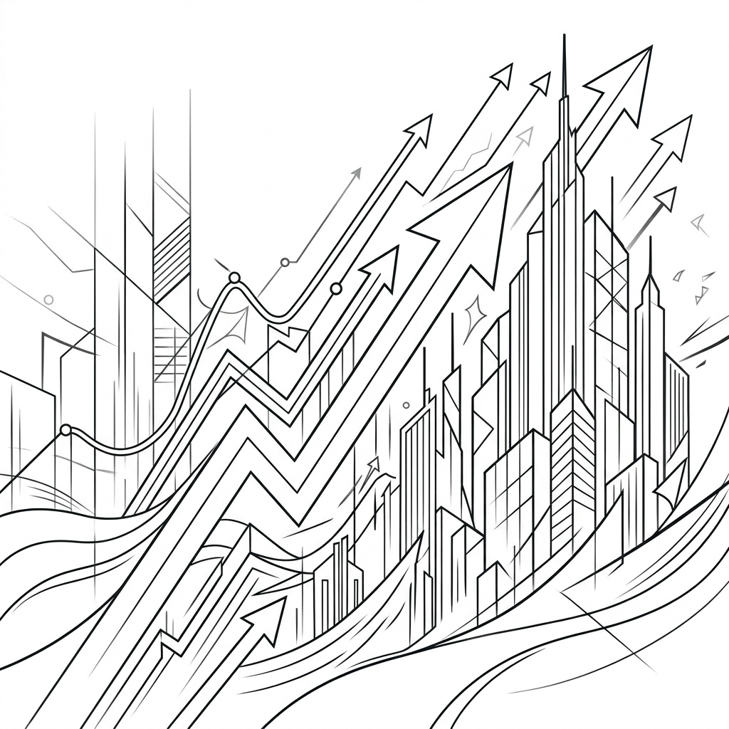 City skyline with multiple arrows pointing upward symbolizing growth and progress